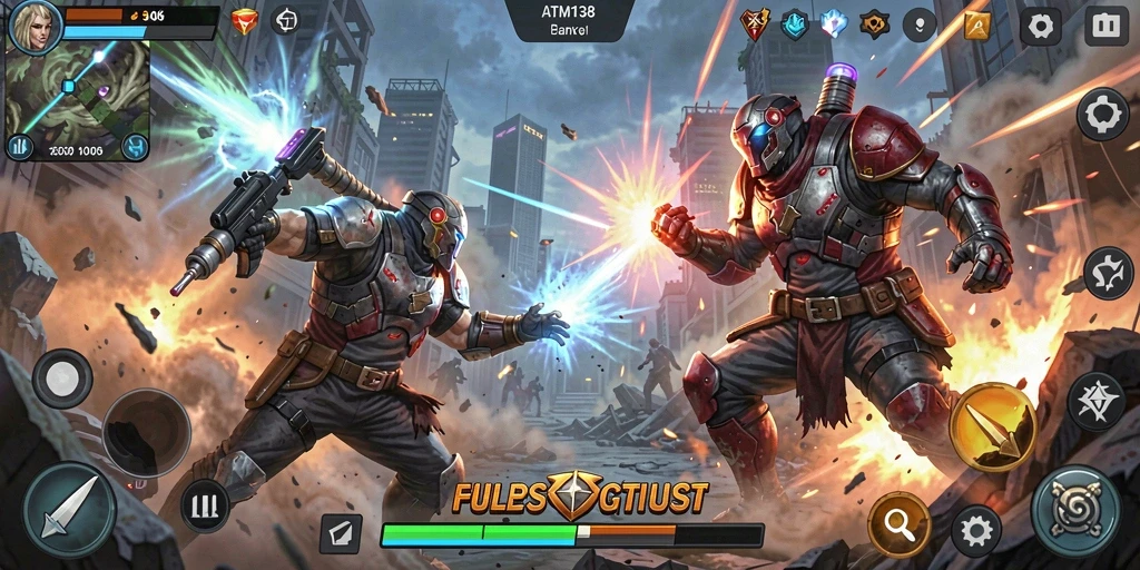 Screenshot dari gameplay ATM138 menampilkan pertarungan yang intens dan karakter yang beragam.