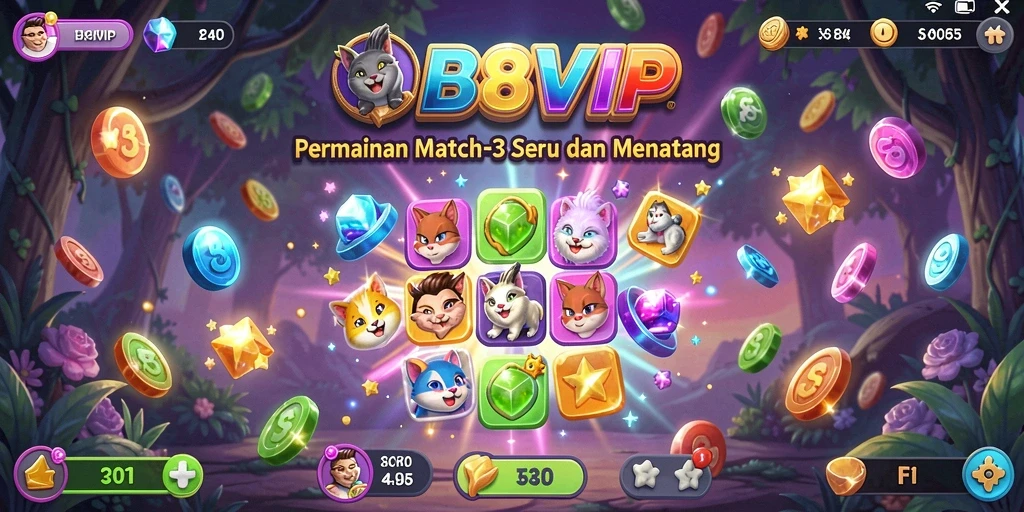 Screenshot utama B8VIP menampilkan gameplay Match-3 yang seru dan penuh warna.
