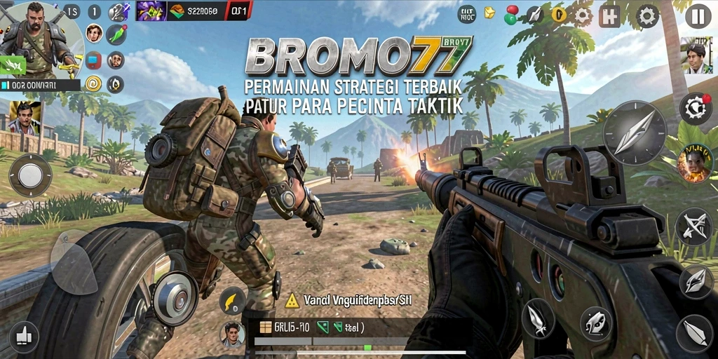 Screenshot gameplay BROMO77 menunjukkan strategi pertempuran yang intens.