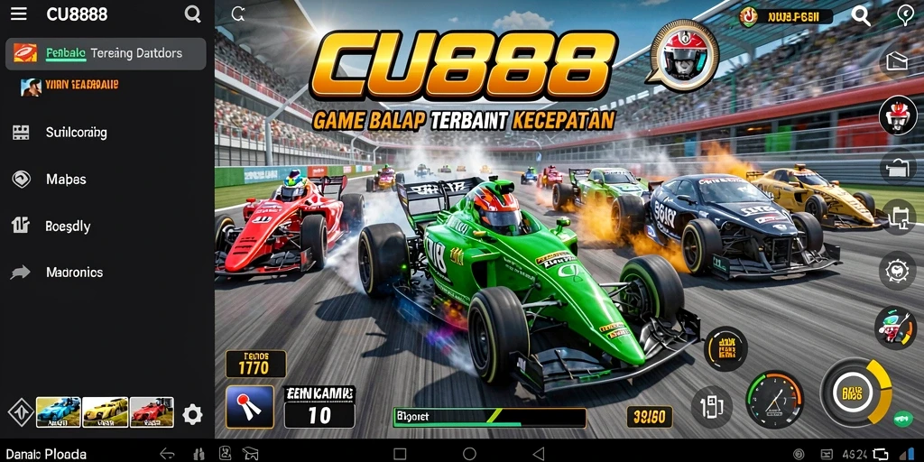 Screenshot gameplay CU888 menampilkan aksi balap yang mendebarkan.