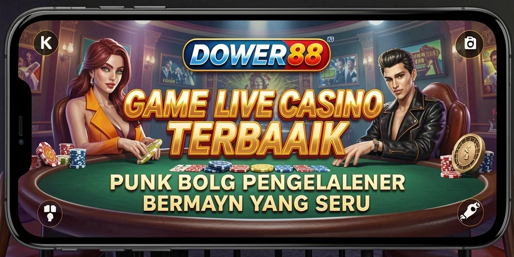 Screenshot gameplay DOWER88 yang menunjukkan dealer langsung dan meja kasino.