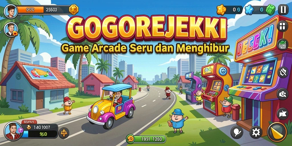 Screenshot gameplay GOGOREJEKI menunjukkan tantangan Arcade yang seru dan penuh warna.
