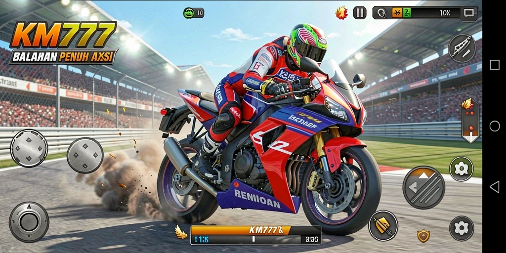 Screenshot gameplay KM777 dengan aksi balapan motor yang mendebarkan.