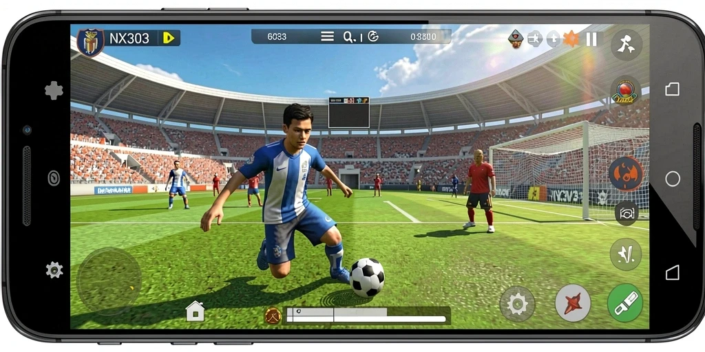 Tampilan gameplay NX303 dengan aksi sepak bola yang mendebarkan.