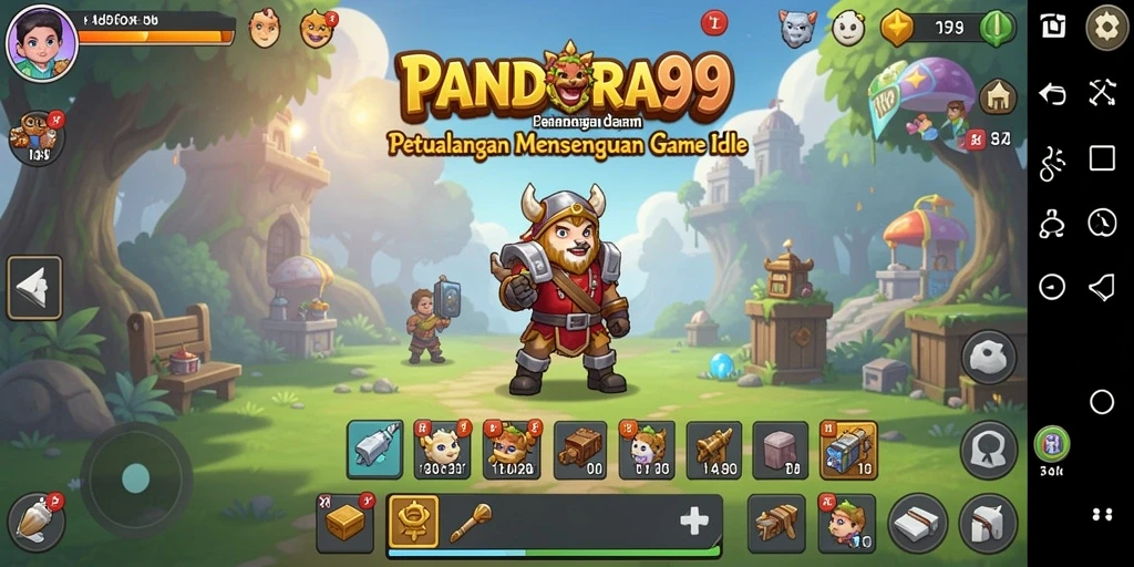 Screenshot utama PANDORA99 menampilkan aksi karakter dalam gameplay Idle.