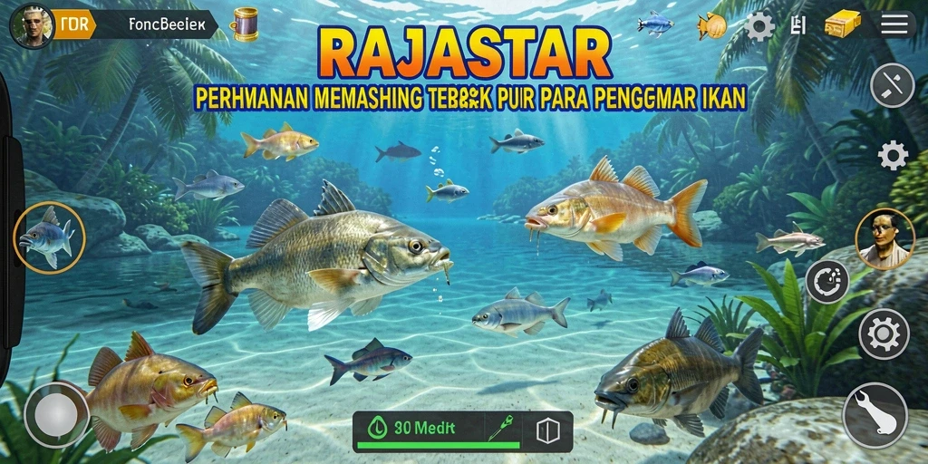 Tampilan gameplay RAJASTAR yang seru saat memancing di lautan.