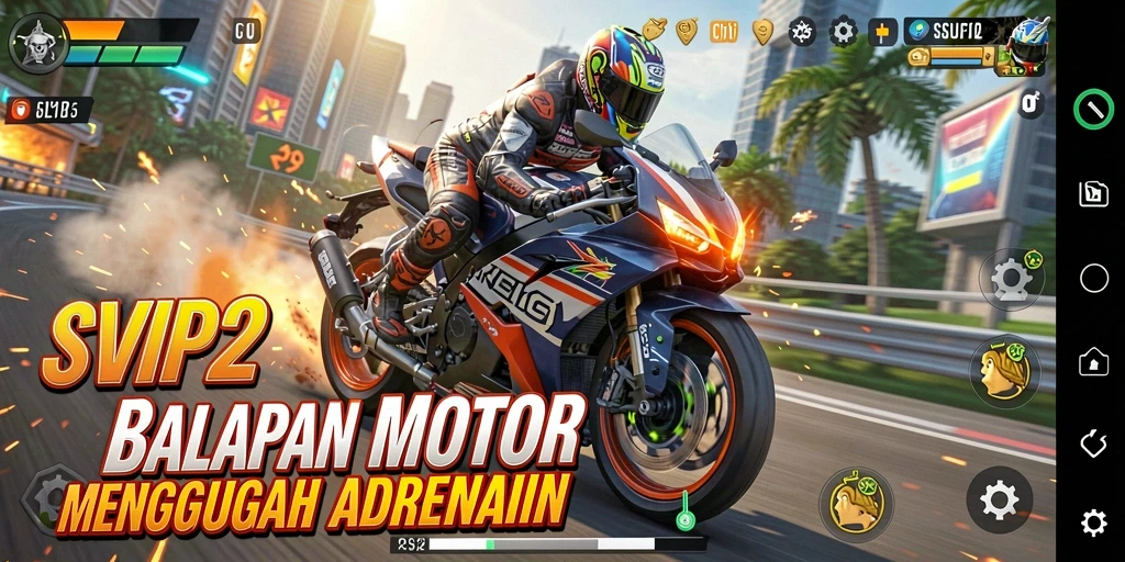 Screenshot gameplay SVIP2 menampilkan balapan motor yang seru dan mendebarkan.